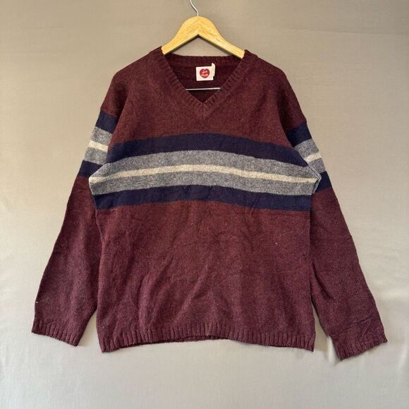 J’Ma Plum Men’s 100% Wool V-Neck Sweater Size Large Striped Graphic - Picture 1 of 9
